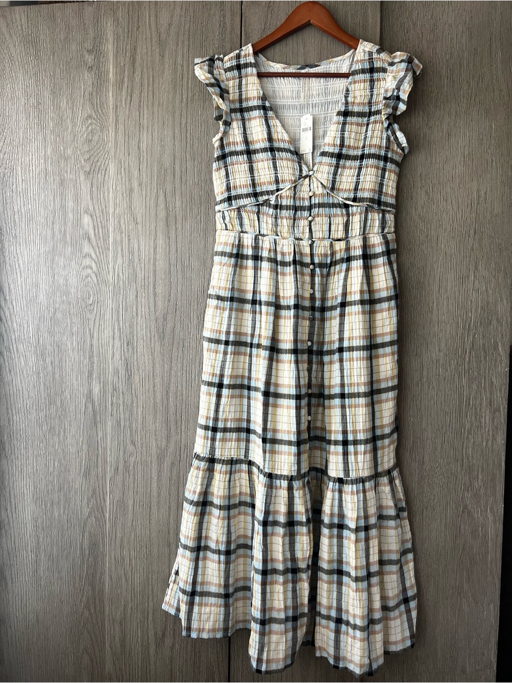 🌾Anthropology peregrine dress 🌾Plaid Button-Front Maxi Dress in Cream and Blue